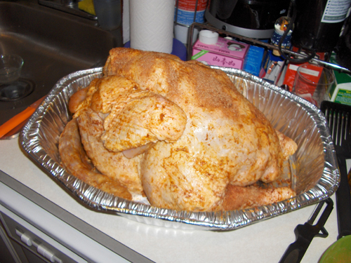 Our turkey from 2008, rubbed down with seasoning. Probably a bit too much seasoning, actually.